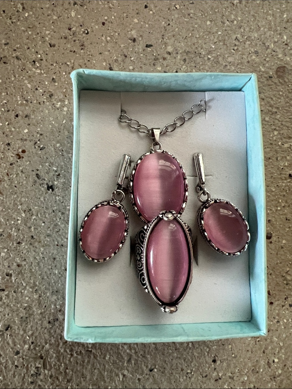 Pink Oval Cabochon Necklace, ring  & Earring Set